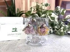 atelier Wani インド刺繍リボンピアス シースルーピンク×イエロー