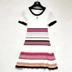 【美品】Courrèges クレージュ ロゴ リブニット ワンピース 38 半袖のサムネイル