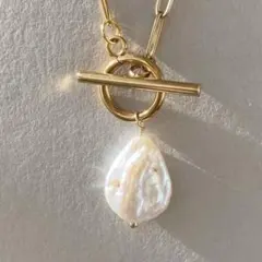 new【ゴールド】ドロップ淡水パールステンレス　チェーンロングネックレス