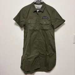 カーキオリーブグリーンシャツワンピース半袖ミリタリー風ナチュラルワンピース