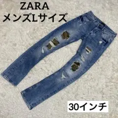 【美品】ZARAメンズLサイズ　迷彩柄チラ見えダメージ加工スキニーデニム