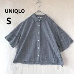 UNIQLO S ネイビー ギンガムチェック コットンチェックシャツ（5分袖）綿