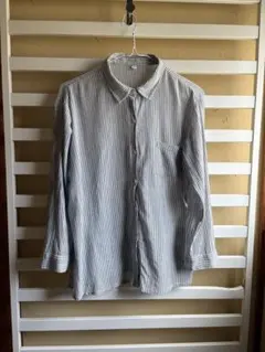 無印良品　八分袖ストライプシャツブラウス　ブルー×白　L