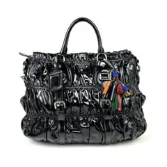【美品】プラダ　ハンドバッグ　パテント　レザー　裏地総柄　シルバー金具　ブラック 美品】プラダハンドバッグパテントレザー裏地総柄シルバー金具