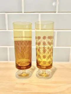 レトロ グラス アデリア 脚付 セット 昭和 ガラス コップ アンバー ドット柄