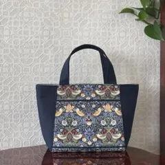ウィリアムモリス いちご泥棒 前ポケット付きミニトートバッグ ハンドメイド