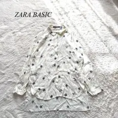 E6【ザラベーシック】シアーシャツ　長袖　前後差　アイボリー　総柄　L ラフ