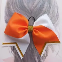 輝くステージをお手伝い⭐オレンジ×青×金ゴールドチアダンスリボンヘアゴムおひとつ