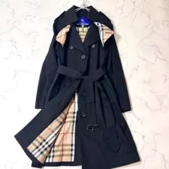 美品 バーバリートレンチコートロング ノバチェック レディースL 黒 B1123