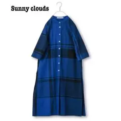 美品　サニークラウズ ドデカいチェックの切り込みワンピース　L ブルー 青