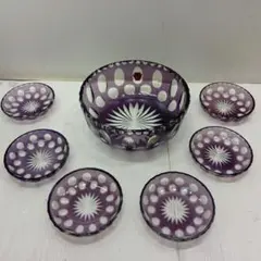 昭和　レトロ　紫色ガラス　ボウル＆小皿セットのサムネイル