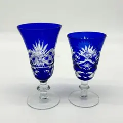 【美品】江戸切子 ペア ワイングラス 瑠璃色 2客セット 伝統工芸