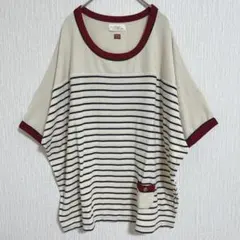 【ウエアーザインク】アイボリー ストライプ 半袖Tシャツ ニットソー F