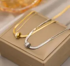 スネークチェーン 超人気★2連リングczダイヤ ネックレス サージカルステンレス