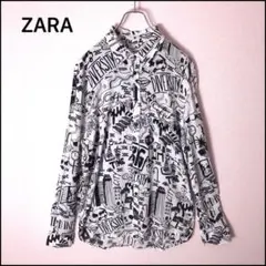 ZARA ザラ 長袖 総柄 プリントシャツ ホワイト ブラック XL 古着