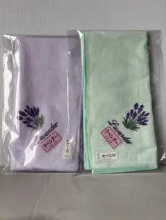 ラベンダー刺繍 袷ガーゼハンカチ　大判　2枚セット