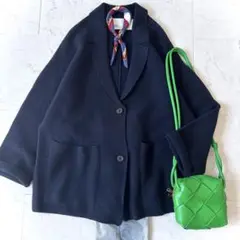 美品 TICCA 日本製 ウール ニット オーバーサイズ ジャケット ネイビー