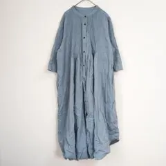 noa-ge バンドカラー ロングワンピース L ピンタック入り 青 ゆったり