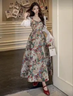 花柄ジャガードロングワンピース フレアスリーブ