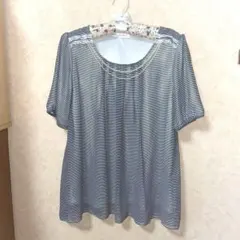 CHAMAEAL ストライプ シフォン半袖トップス