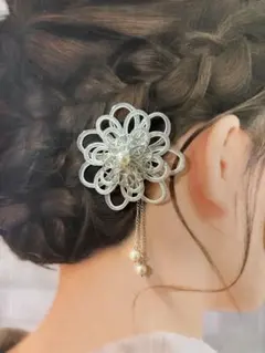水引のかんざし　和装　髪飾り　花　シルバー　【ハンドメイド】
