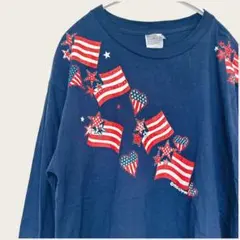 90s デルタ 長袖Tシャツ クルーネック 星条旗柄 L 紺 綿 カジュアルのサムネイル