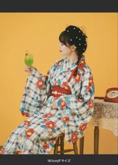 チェック柄・花柄 浴衣・帯セット Fサイズ