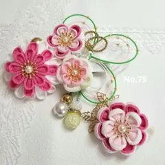つまみ細工 白 ピンク 水引 ビーズ 髪飾り ヘアクリップ ハンドメイド 七五三
