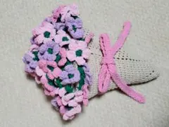 花束ブランケット・ブーケブランケット(ピンク系)　リボン付き　手編み