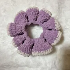 パープル×ホワイトシュシュ　手編み　編み物