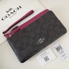 COACHコーチ　ダブルジップポーチ　長財布　リストレット ブライトバイオレット