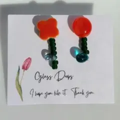 ガラス ドロップス サージカルステンレス ピアス オレンジ タイル お花