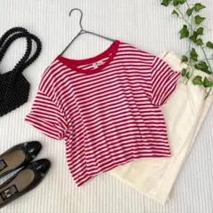 【美品✨】H&M エイチ・アンド・エム ボーダー半袖コットンTシャツ レッド