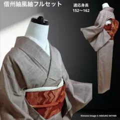 正絹　紬　信州紬風　小紋　フルセット　4点　S〜M 152〜162 タ18