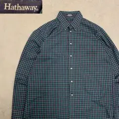 4WC554 USA製　Hathaway チェックシャツ　グリーン　長袖シャツ