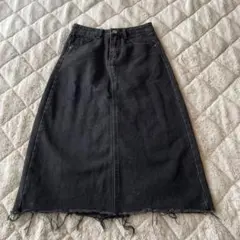 レディース デニムスカート 膝丈 黒 S ダメージ加工 台形 カジュアル モード