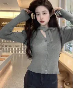SHEIN リボン付きグレーリブカーディガン 韓国 ニット ワンホン 網紅