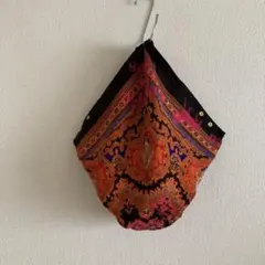 ビンテージアンティークペイズリー柄オレンジ黒スカーフリメイクハンドバッグ