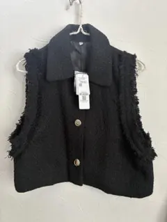 新品★コカcoca/フリンジ付き黒ツイードノースリーブベスト