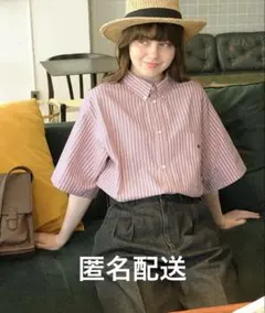 ビッグアソートナンバリング刺繍ボタンダウン半袖シャツ ピンク