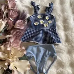 ❤️petit mainプティマイン❤️ベビー水着セパレートビキニチェック柄花刺繍