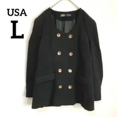 ZARA ザラ ノーカラー ダブルブレスト ジャケット 金ボタン 黒 L