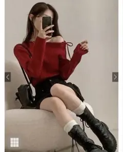 ワンショルダーリボンリブニットトップス
