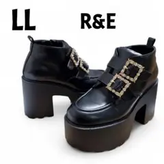 R&Ｅ　ビジュー付き 厚底ショートブーツ サイドジップ　LL　ブラック
