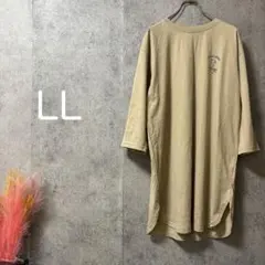 1269 50sプリント七分袖Tシャツ チュニック ベージュ LL 大きいサイズ