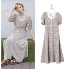 w closet 小花柄プリントパワーショルダースクエアネック フレアワンピース