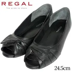 リーガル 24.5cm レディース オープントゥ ウェッジパンプス リボン 黒