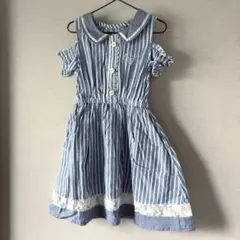 アクシーズファムキッズ ワンピース ストライプ ブルー 肩出し レース 120