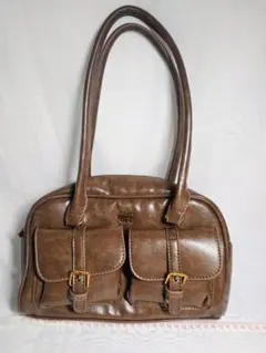 ブラウン 合皮 ハンドバッグ 2ポケット 持ち手長め