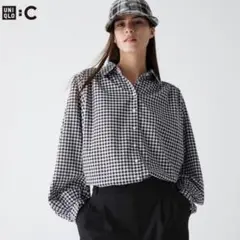 美品✨UNIQLO C シアーボリュームチェックブラウス　ギャザー　ブラック　M